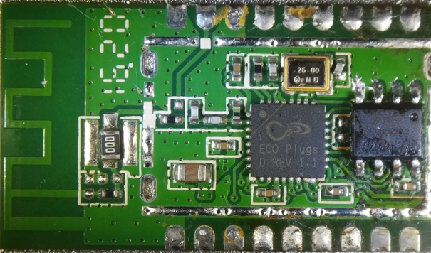 ESP8266EX Front (RF shield removed - excuse the missing resistor to the left of the Winbond chip, it blew away from the hot air...)