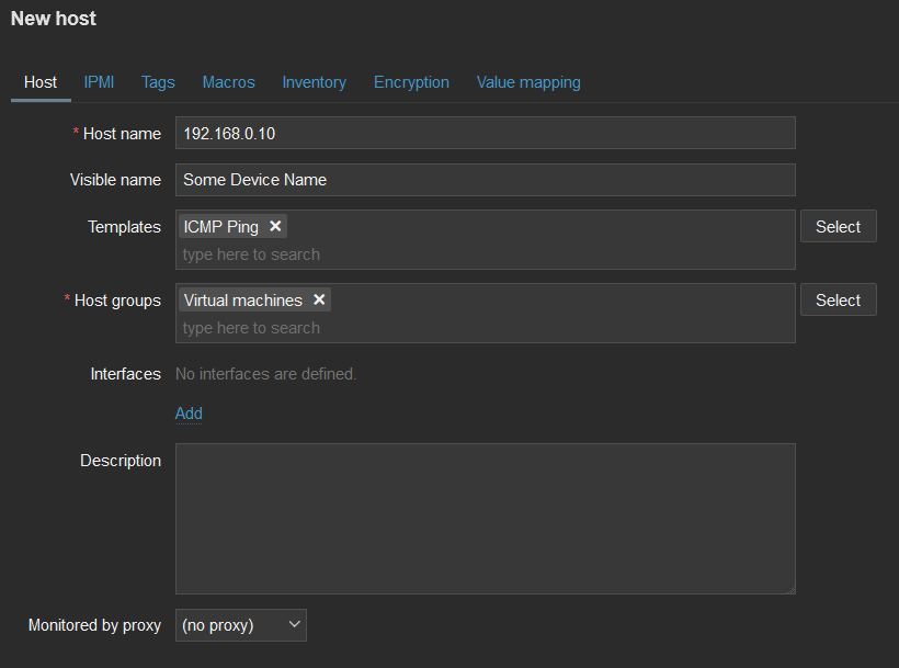 Zabbix new host dialog.